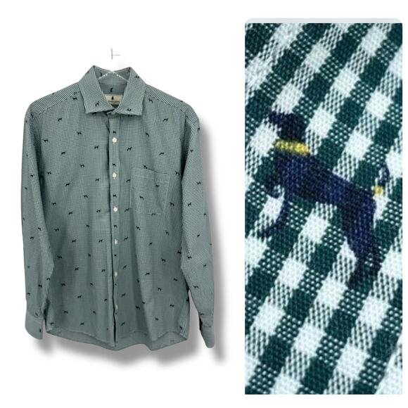 Southern Pines shirt men’s M button up green white gingham check dog print lab - Picture 1 of 10